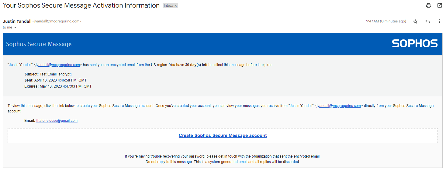 Sophos Secure Message Activation email