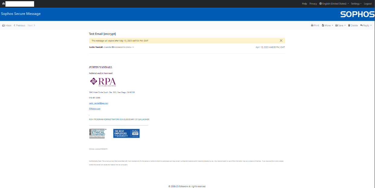 Encrypted email message view