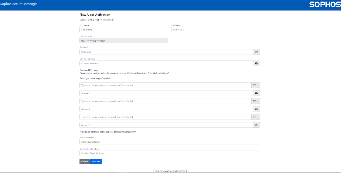 Sophos New User Activation page